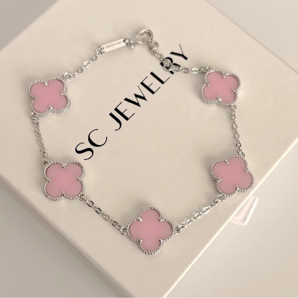 Hot Pink Clover Bracelet 5 Motif Double Sided Silver Chain - Picture 5 of 11